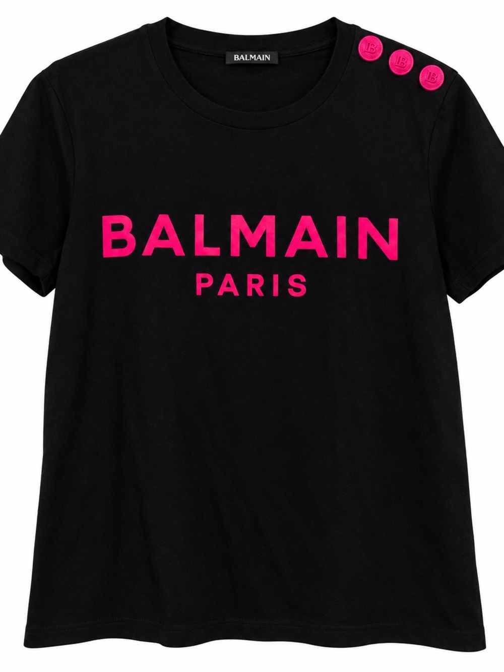 Balmain Black Tee with Hot Pink Logo and Shoulder Buttons